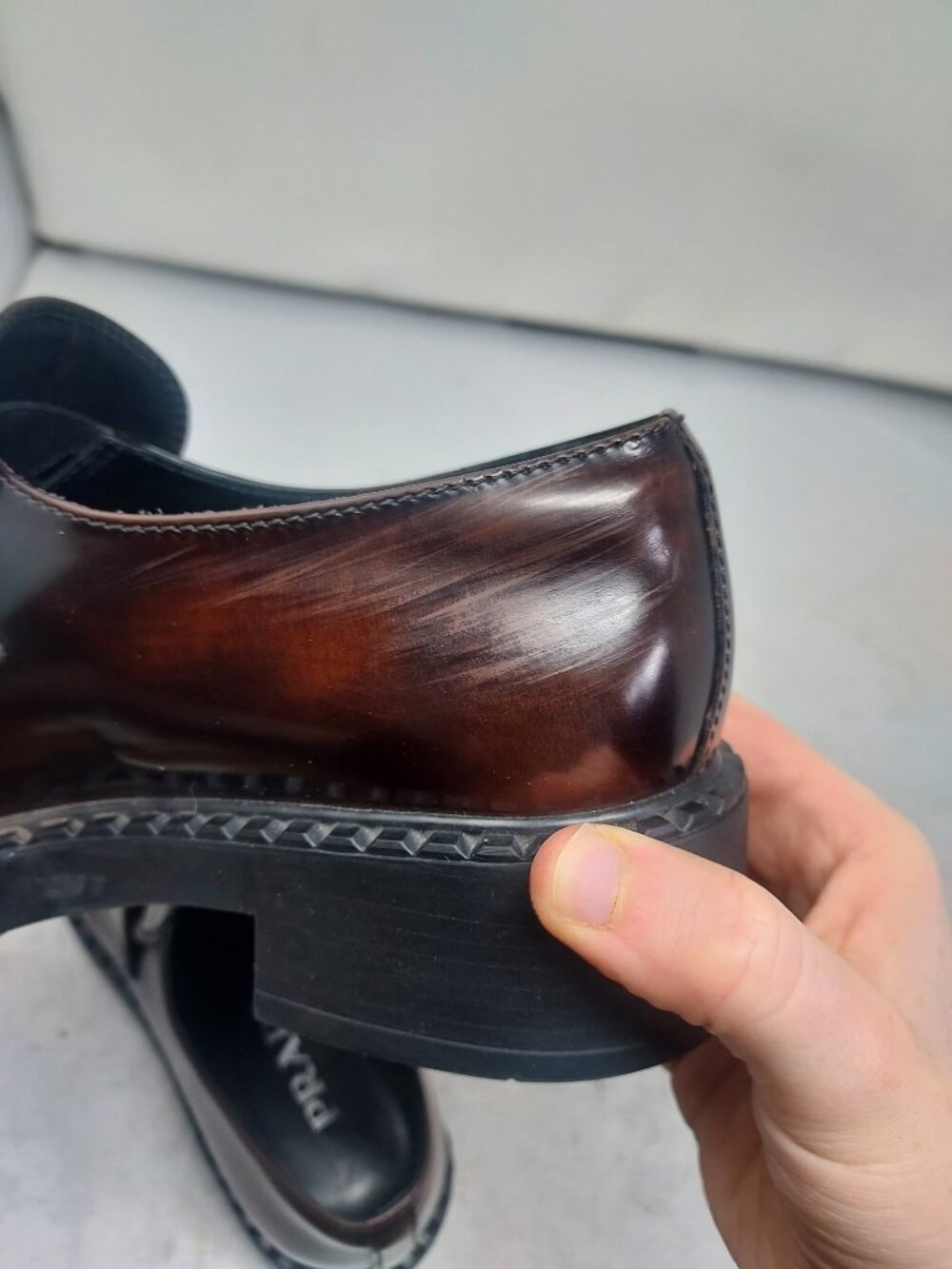 Prada WOMENS Logo Burgundy Red Brown Chocolate Brushed Leather Shoe - Picture 8 of 11